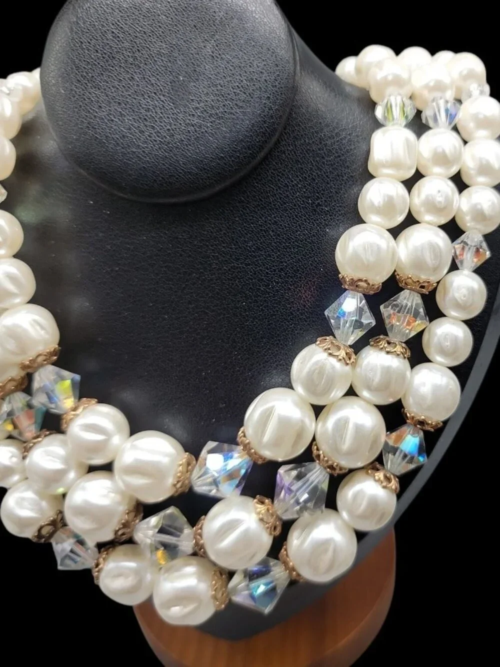 Faux Pearl Choker Multistrand Necklace Aurora Borealis Prism Spacers 16